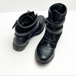 SHOE DAZZLE Alina Black Lace Up Wrap Buckle Combat Style Boots, Size 7.5